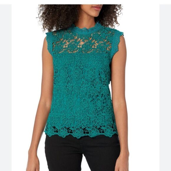 Nanette Lepore Sleeveless Mockneck Embroidered Lace Top Deep Lake Blue Size XL - Picture 1 of 10